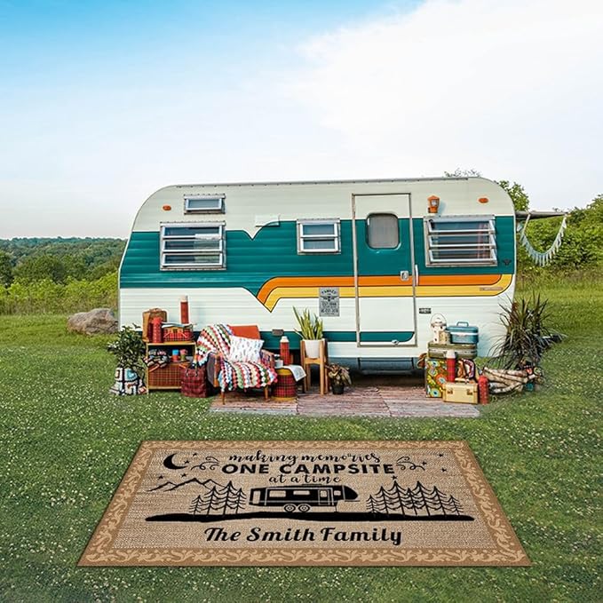 Custom Camping Rug Making Memories One Campsite at a Time RV Trailer Decor Camper Floor Mat for Outdoors, Patio, Backyard, Picnic, Beach, Camping, 66 x 99 Inch (20 RV Optional)