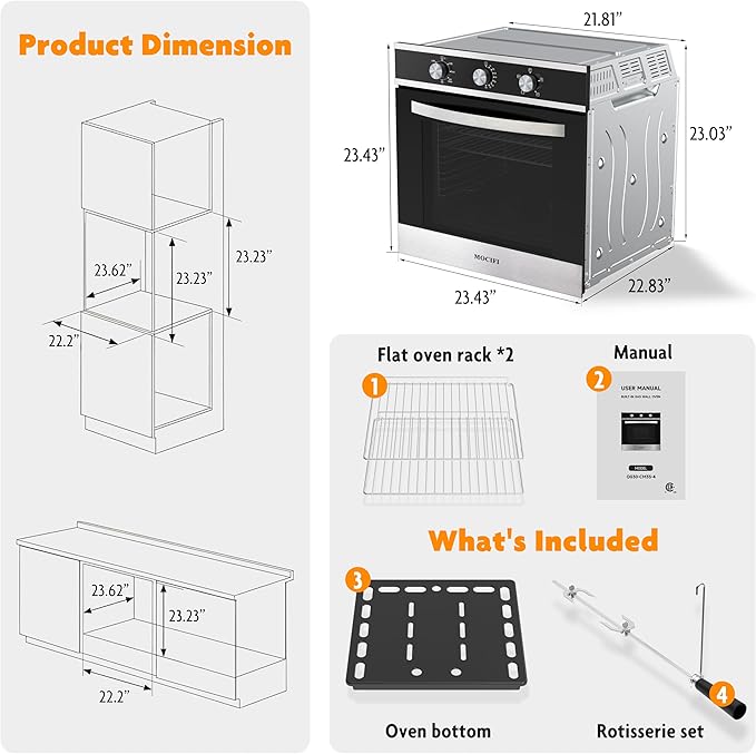 Gas Wall Oven 24 Inch CSA Certified,2.3 Cu.ft. Single, Natural Gas, Bake Broil Rotisserie, Mechanical Controls, Built-in Timer, Convection Fan in Stainless Steel
