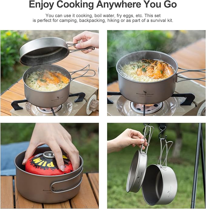 Boundless Voyage Outdoor Titanium Pot with Pan Set with Collapsible Folding Handle for Outdoor Camping Cooking Hiking Backpacking Portable Cookware