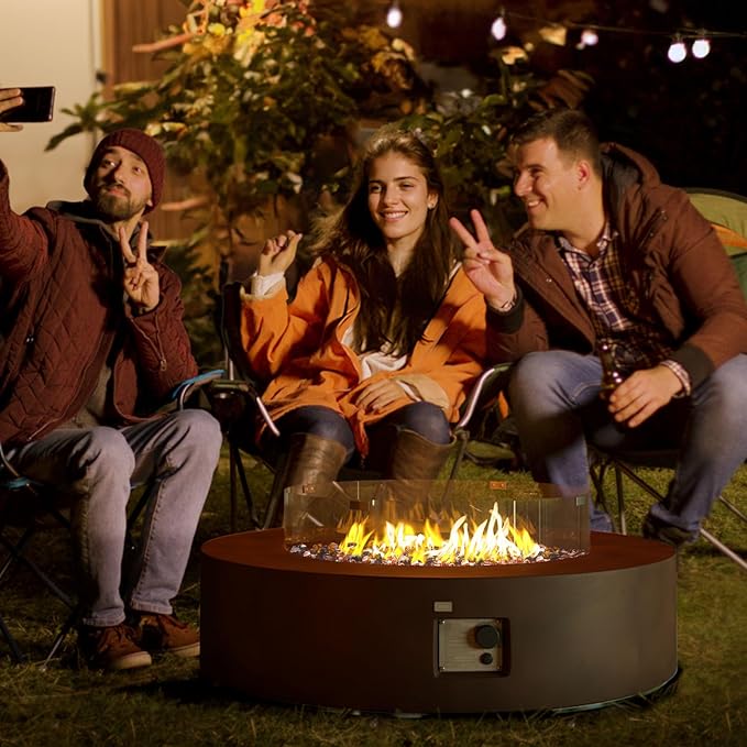 COSIEST Outdoor Propane Fire Pit Coffee Table w Bronze 42 inch Round Base Patio Heater, CSA Certified, 50,000 BTU Stainless Steel Burner, Wind Guard, Transparent Gray Fire Glass, Waterproof Cover