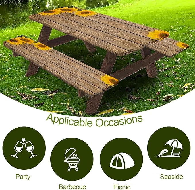 CAPSCEOLL Elastic Picnic Table Cover with Bench Covers 5Ft Waterproof Fitted Picnic Table Cover Cloths for Outdoors Camping Tablecloth with Drawstring Bag, 60X30in, Wooden Sunflowers