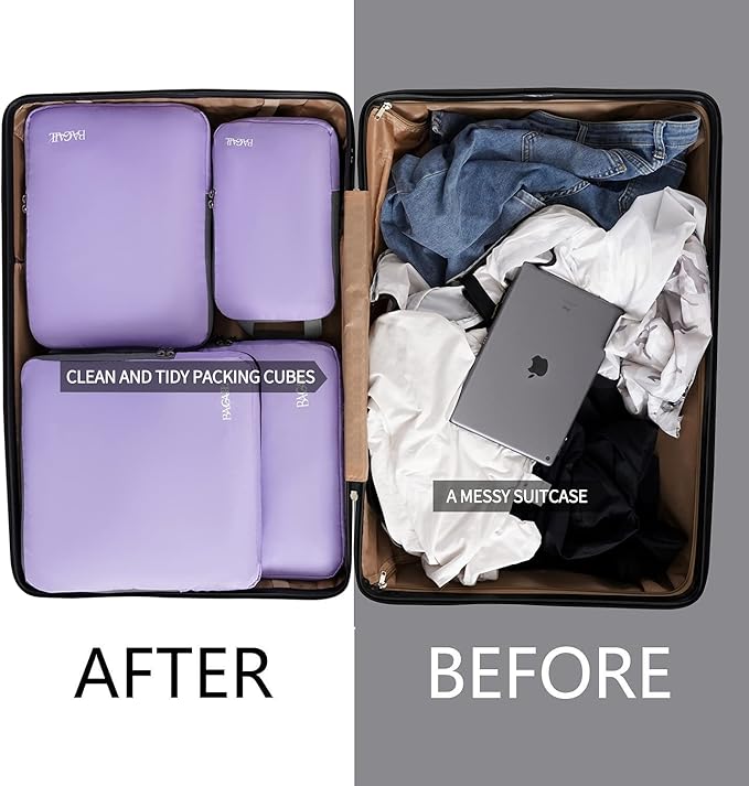 BAGAIL 4 Set/6 Set/8 Set Compression Packing Cubes Travel Accessories Expandable Packing Organizers(Lavender ClothPattern 4 Set)