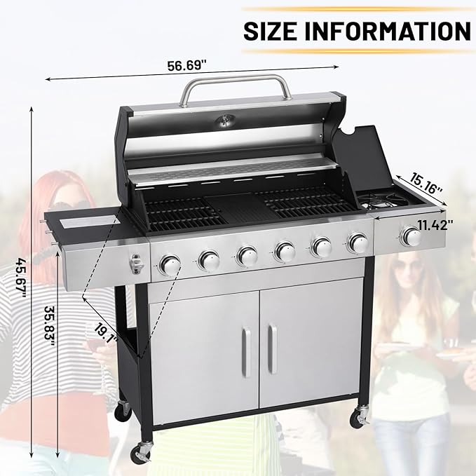 6-Burner Propane Gas BBQ Grill, 2 in 1 Propane Griddle Grill Combo with Porcelain-Enameled Cast Iron Grates & Plate, 65800 BTU with Side Stove for Outdoor Cooking Camping Patio Backyard(6+1 burner)