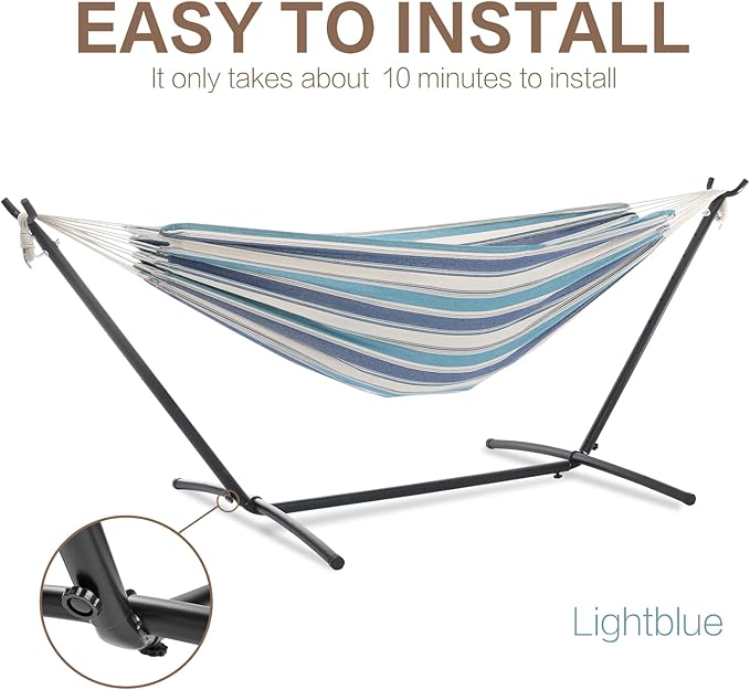PNAEUT Double Hammocks with Stand for Outside, Portable Space Saving Heavy-Duty Steel Stand for Indoor Outdoor Patio with Carrying Bag, 450 lbs Capacity (Lightblue)