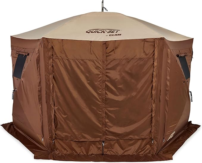 CLAM Pop Up Screen Tent, Outdoor Camping Gazebo Canopy, Pavilion, 12.5', Brown - Heavy-Duty Portable Screened Shelter with Netting for Beach, Patio, and Backyard