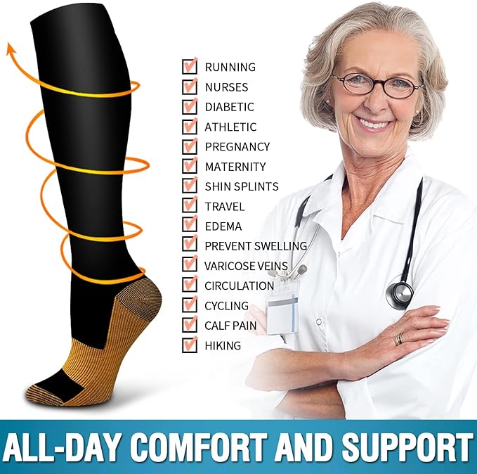 6 Pack Copper Compression Socks for Women and Men Circulation-Best Support for Medical, Running,Nursing,Athletic