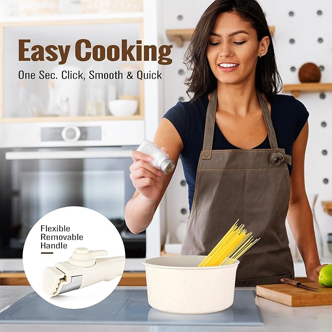 18 Pcs Nonstick Pots and Pans Set with Detachable Handle, Induction Compatible Oven Safe RV Cookware Set, No PFOA (WHITE)