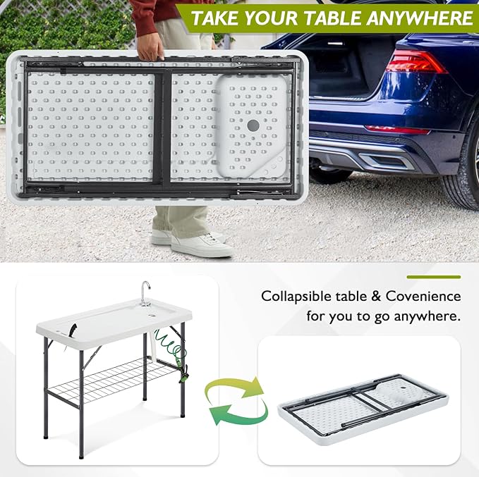 Folding Fish Cleaning Table Portable Camping Sink with Faucet Drainage Hose & Sprayer Outdoor Fillet Station Grid Rack Knife Groove for Picnic Fishing, Black