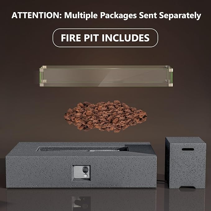 COSIEST 56 x 28 inch Outdoor Propane Fire Pit Coffee Table w Concrete Rectangle Base, CSA Certified, 50,000 BTU, Free Lava Rocks and RainCover, Fits 20lb Tank Outside, Wind Guard, Tank Cover, Gray