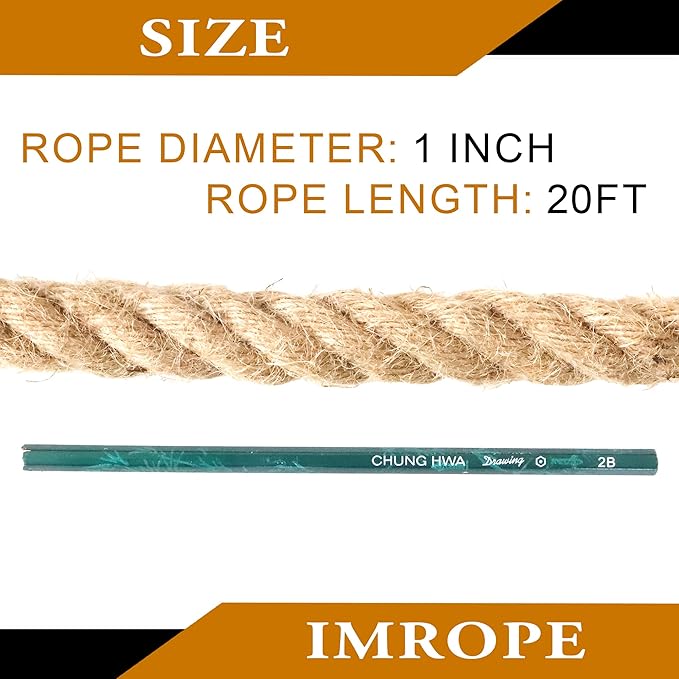 Jute Rope 1 Inch x 20 Ft, IMROPE Natural Jute Rope Twisted 4 Strands for DIY Arts Crafts, Garden, Home Decorating, Hammock
