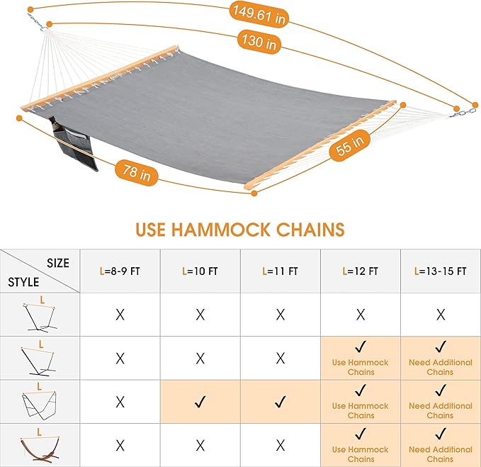 Lazy Daze Hammocks 11 FT Double Outside Hammock Quick Dry Olefin Fabric Hammock with Spreader Bar & Side Pocket for Outdoor Poolside Backyard 450 lbs Capacity, Gray