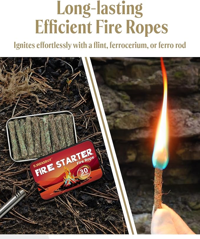 Fire Rope Blue Flame(30-Pack) Windproof Fire Starter, Long-Lasting, Bright Blue Flame Survival Fire Starters - Fast Igniting Fire Rope for Camping