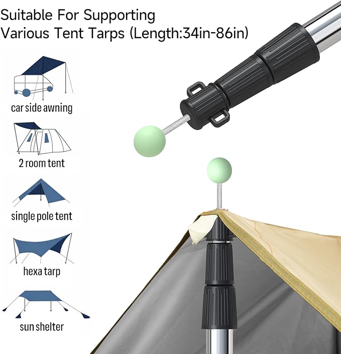 SANLIKE Telescoping Tarp Pole Heavy Duty Tent Poles, 33"-86.6"/94" Thickened Tube Collapsible Stainless Steel Canopy Poles for Camping Backpacking Hiking Awning Sun Sails Outdoor Sports, Set of 2