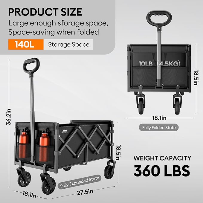 Collapsible Wagons Carts Foldable - Portable Heavy Duty Folding Beach Wagons Cart with Wheels - 360lbs Weight Capacity Outdoor Utility Wagon Cart for Grocery Shopping Camping Sports Garden