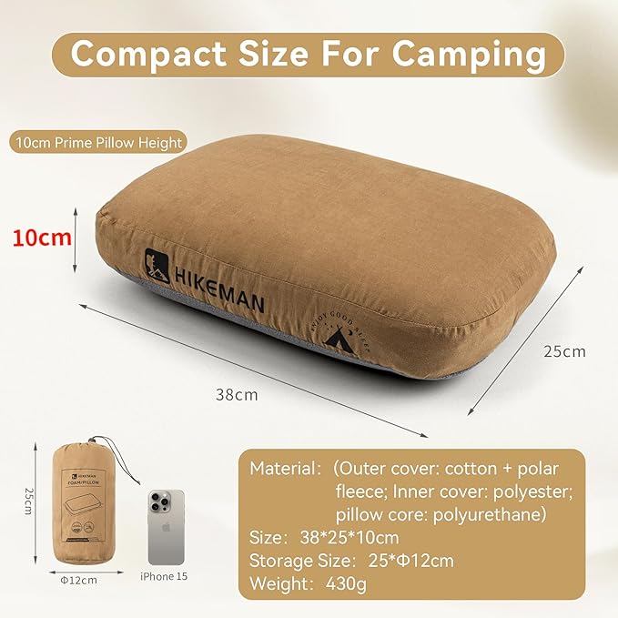 HIKEMAN Camping Memory Foam Pillow - Ultralight Travel Pillow,Backpacking Pillow with Removable Cover,Ergonomic Pillows,Neck Lumbar Support for Outdoor Camp,Sport,Hiking,Backpacking Sleep (Army Green)