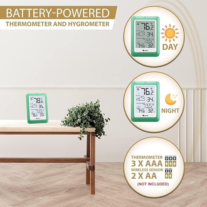 Indoor Outdoor Thermometer Wireless, Temperature Humidity Monitor Battery Powered Inside Outside Thermometers with 330ft Range Remote Sensor(Green)