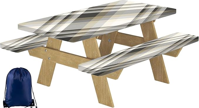 CAPSCEOLL Picnic Table Cover with Bench Covers Farm Plaid Waterproof Camping Tablecloth All-Weather Outdoor Table Protector with Drawstring Bag for Camping Essentials, 72X30in, Grey White