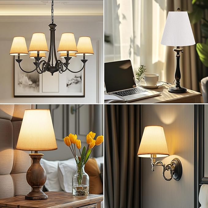 6Pcs Chandelier Lamp Shades, Pleated White Empire Scalloped Fabric Mini Clip-on Bulb Lamp Shade Set of 6 3×6×5 in Small Replacement Lampshade