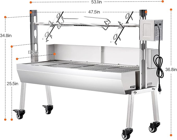 Jocisland Electric Rotisserie Grill Kit with Windscreen, 46" Height-Adjustable Charcoal Roaster, 132 Lbs Capacity, 45W Motor, Stainless Steel Spit with Lockable Wheels for Outdoor Camping