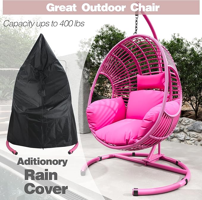 Oversized Hanging Egg Chair Outdoor Wicker Swing Chair with Stand Rain Cover UV Resistant Cushion 400lbs Capacity for Patio, Garden and Balcony