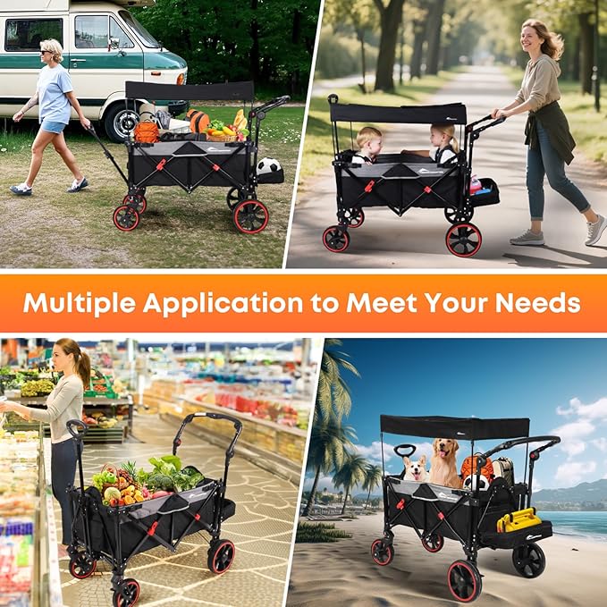 Collapsible Canopy Wagon, Foldable Wagon Stroller with 330LBS, Heavy Duty Cart with Shock-Absorbing Wheels, Adjustable Push Pulling Handles for Camping, Garden, Sports, Shopping, Black