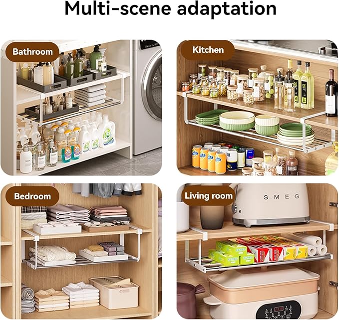 Expandable Shoe Rack Organizer - Adjustable Shoe Rack & Under Cabinet Shelf - for Shoe or Clothing Storage and Organization, Under Shelf Storage (Stainless,4Pcs)