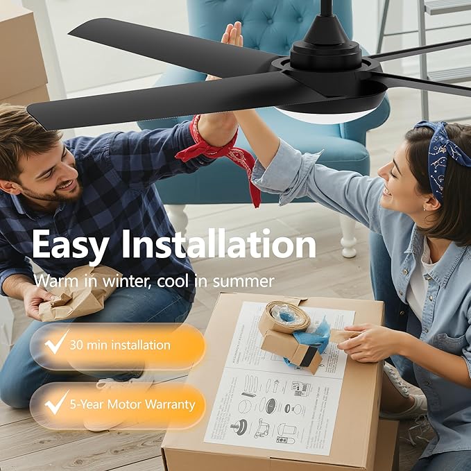 52 Inch Ceiling Fan with Light and Remote, 4 Blades, Quiet DC Motor, Reversible Fan with Dimmable LED Light, for Bedroom Living Room, Black