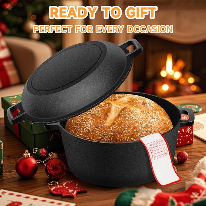 Cast Iron Dutch Oven Bread Baking Kit - 10-Piece Set with Banneton Basket, Dough Scraper, pizza shovel,Bread Lame, Whisk, Brush, and Silicone Grips with Skillet Lid Cooking Pan Handles Lame, 5QT