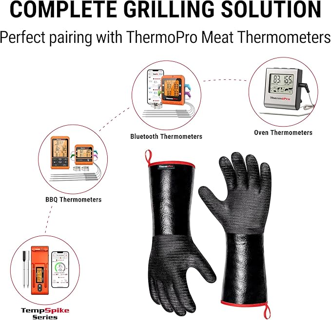 ThermoPro 932°F Heat Resistant BBQ Gloves, 14" Waterproof Oven & Grill Gloves, Oil & Slip-Resistant Neoprene Heat Gloves for BBQ, Fire Pit, Rotisserie, Smoker Accessories Gifts for Men and Women