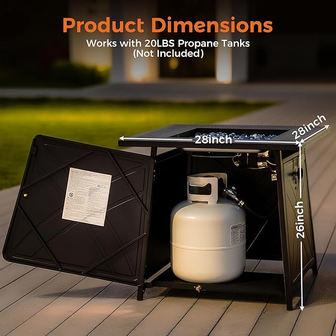 BALI OUTDOORS Gas FirePit Table, 28 inch 50,000 BTU Square Outdoor Propane Fire Pit Table with Lid and Blue Fire Glass