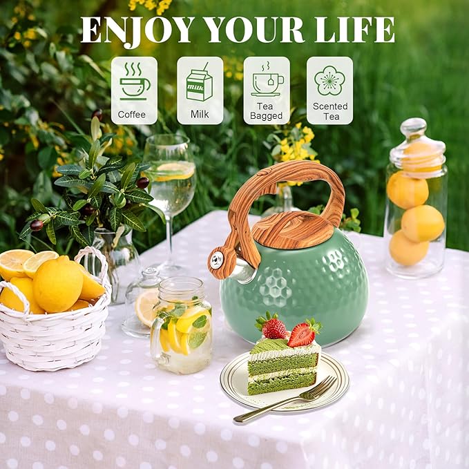 GGC Tea Kettle for Stove Top, Loud Whistling Kettle for Boiling Water Coffee or Milk, 3.1 Quart 3L Heavy Stainless Steel Green Tea Pot with Wood Pattern Handle, Unique Button Control Outlet