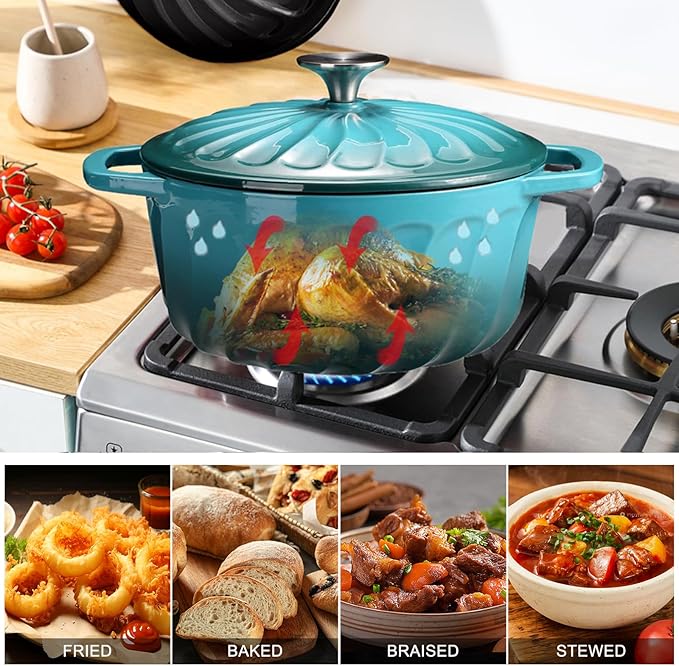 Enameled Cast Iron Dutch Oven with Lid, 3 QT Cast Iron Dutch Oven Pot, Heavy Duty Cast Iron Pot for for Bread Baking, Cook, Bake, Oven Safe across All Cooktops (BlueGreen,3 QT)
