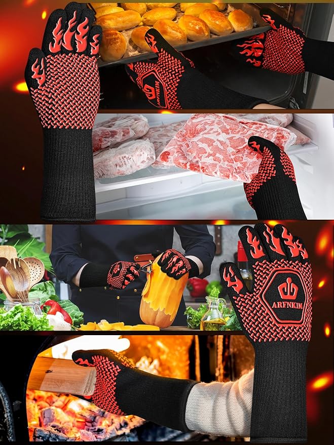 BBQ Oven Gloves, 1472℉ 3-Layers Heat Resistant Oven Mitts Silicone Non-Slip Cooking Gloves for Barbecue, Grilling, Baking, Welding, Smoker (A Pair) (Red)