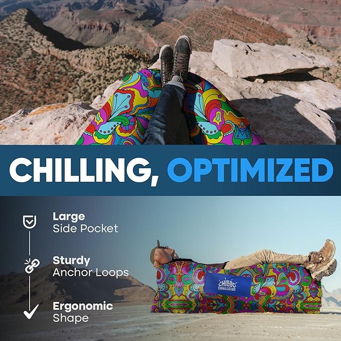 Chillbo Shwaggins Inflatable Couch – No-Pump Setup, Ripstop Polyester, Stability Pegs, Fun Prints, Portable Air Lounger for Beach, Camping, Festivals, and Tailgating - 60s Pyschedelic