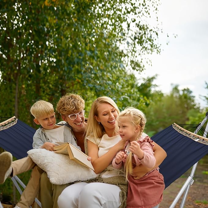 Tranquillo Ultimate Relaxation Portable Hammock Stand, Foldable Hammock Stand with Canvas Hammock, Spreader Bar, Quick Fold Unfold in 30 Seconds Steel Frame Hammock 600 lbs Capacity, White Frame, Navy