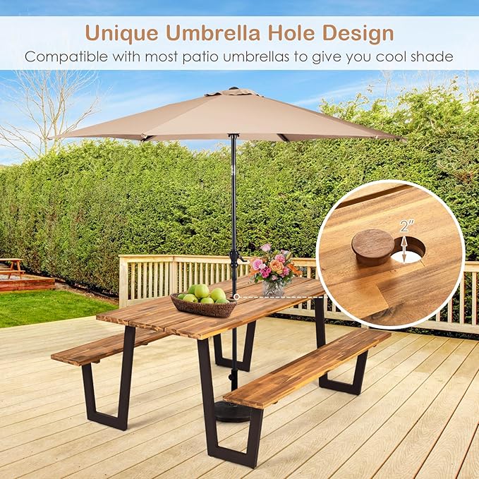 COSTWAY Acacia Wood Picnic Table, 70” Tabletop with Umbrella Hole, Strong Metal Frame, 6 Person Outdoor Picnic Table Bench Set for Patio, BBQ, Dining