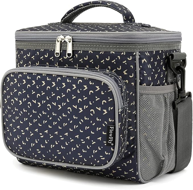 FlowFly Insulated Reusable Lunch Bag Adult Large Lunch Box for Women and Men with Adjustable Shoulder Strap,Front Zipper Pocket and Dual Large Mesh Side Pockets,Alphabet