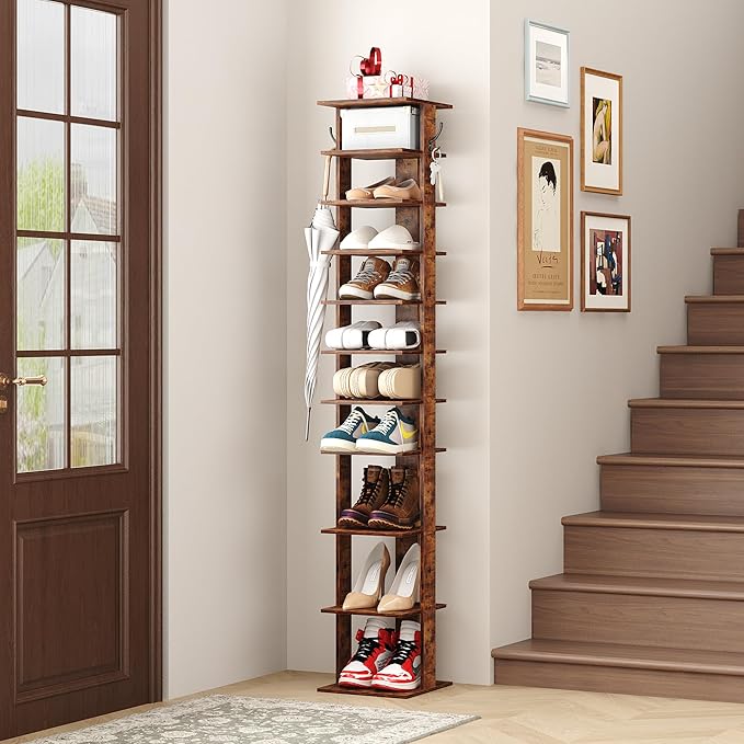 HOMEFORT 10-Tier Vertical Shoe Rack, Corner Shoe Tower, Slim Shoe Organizer with Two Hanging Hooks, Wooden Shoe Storage Stand for Entryway, Hallway, Closet, Rustic Brown