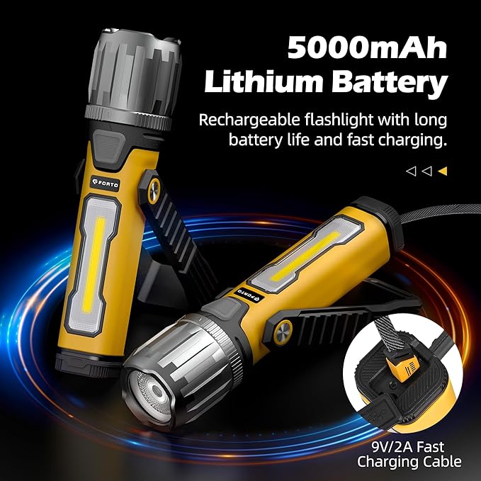 FORTO Magnetic Work Light 2000LM, 5000mAh Rechargeable Flashlight, IPX8 Waterproof Worklight with 240° Rotating Handle, for Emergency, Camping, Garage, Car Repair, Hurricane, Power Outage (Yellow)