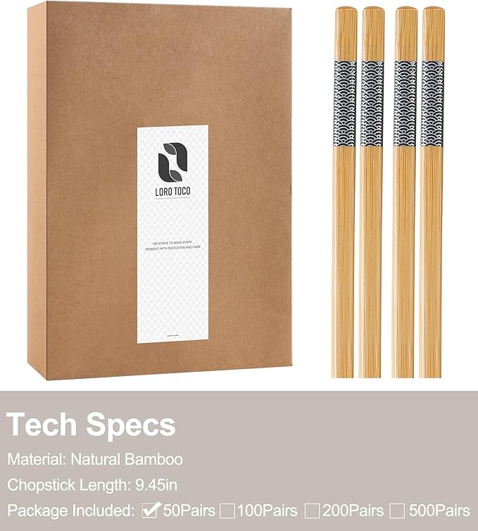 50 Pairs Bamboo Chopsticks Disposable | Separated | Reusable | Dishwasher Safe- (9.45in)