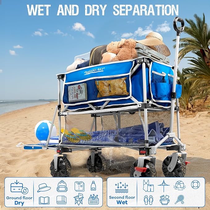 400L Collapsible Double Decker Beach Wagon with Brakes, Folding Beach Cart with 54" Extra Long Decker, 450LBS Heavy Duty Wagon Chart with All-Terrain Big Wheels for Sand Camping Garden