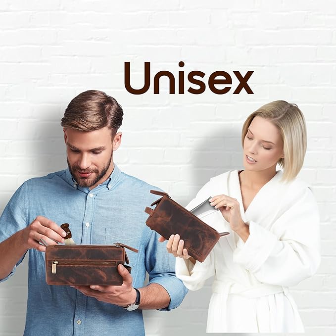 Genuine Leather Travel Toiletry Bag for Men and Womens Makeup Bag Organizer, Grooming and Shaving Essentials- Mens Dopp Kit for Travel - Large Cosmetic Bags for Women - Vintage Tan