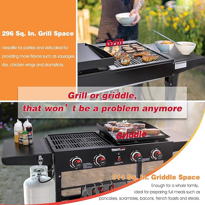 Royal Gourmet GD402 4-Burner Propane Gas Grill and Griddle Combo with Foldable Legs, 48,000 BTUs, Portable Griddle Grill Combo for Outdoor Cooking While Camping or Tailgating, Black