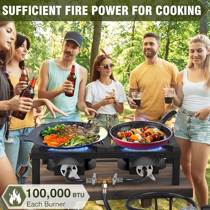 BESTFIRE High Pressure Double Propane Burner - Dual 150,000 BTU Commercial Outdoor Burner for Wok, Turkey Fryer, Seafood Boil - Heavy Duty Cast Iron with Adjustable Regulator Hose