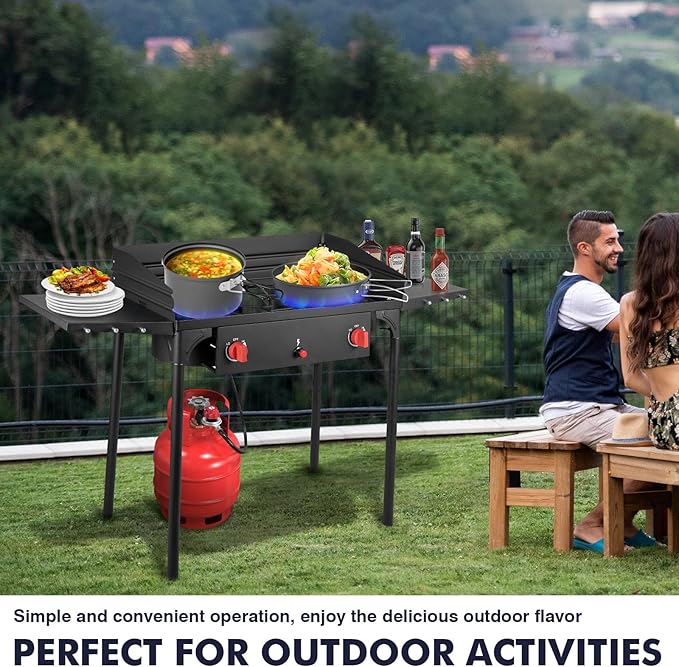 Llamaviva 2 Burner Gas Stove Propane Outdoor Stove with Wind panel,Side Shelves,Auto Ignition Button,Removable Legs &Regulator Hose&Carrying Bag 150000 BTU Propane Burners for Outdoor BBQ -gloves