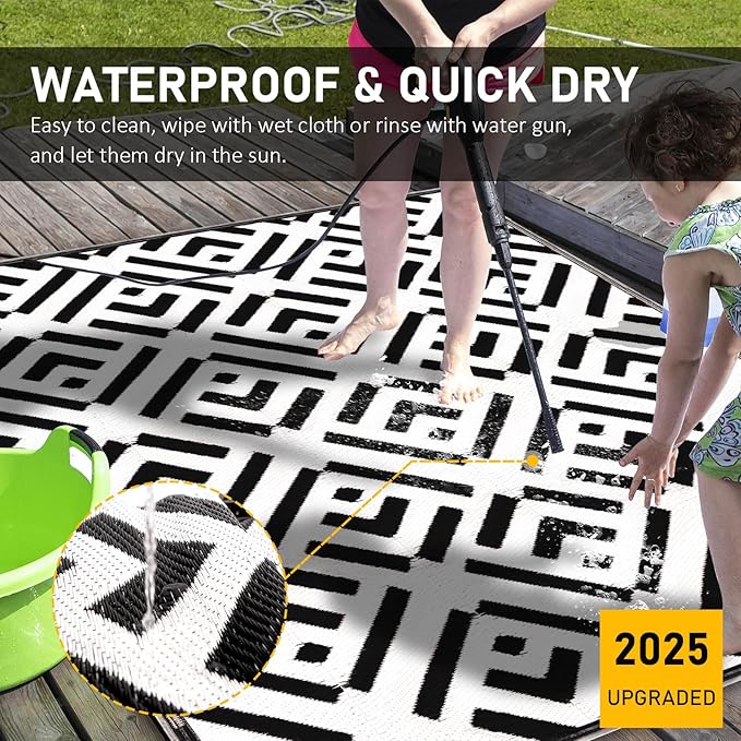 8x10Ft Outdoor Rug, Solar Powered Outdoor Camping Rug with 113LEDs Light Strip, Waterproof Plastic Straw Rug Reversible, Rug Mat for House Deck RV Camping Patio Picnic Beach Balcony (Black White)