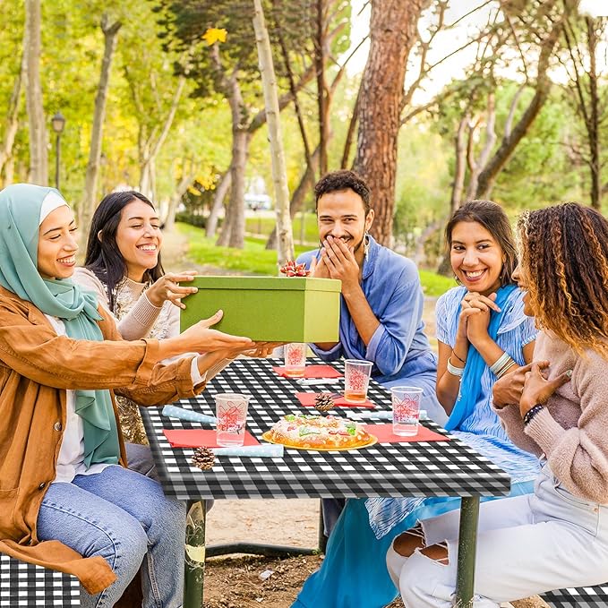 3 Pcs Set Fitted Picnic Table Cover with Bench Covers Vinyl Camping Table Cloth Flannel Backing Picnic Table Cloth for 6ft Tables Camping Outdoor (Black Checked, 30 x 72 Inches)