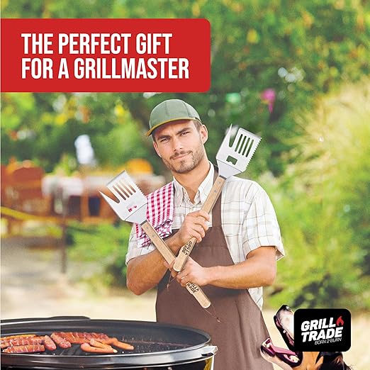 Grill Trade 5-in-1 Grill Spatula with Knife, Fork, Tenderizer, Bottle Opener, and Turner BBQ Tool - Multifunction with Wooden Handle-Ergonomic Cooking Tool for Outdoor Grilling, Flipping, Cutting-19''