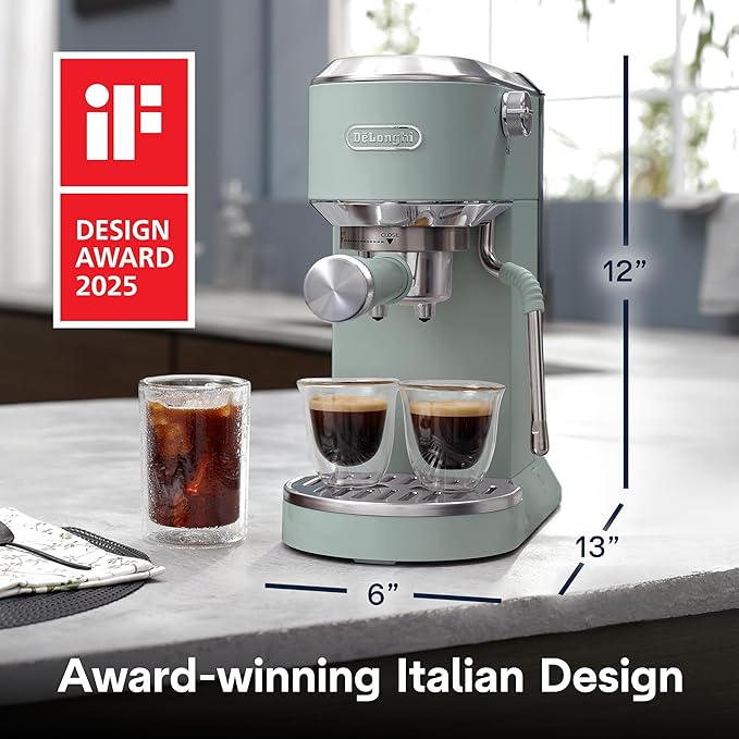 De'Longhi Dedica Duo Compact Espresso Machine - Cold Brew Coffee Maker with Milk Frother Wand- for Espresso, Hot & Iced Coffee, Cappuccinos, Lattes & Home Barista Brewing, Pistachio Green