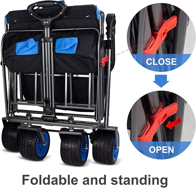 Folding Utility Wagon | Heavy-Duty Collapsible Cart with Brakes & Adjustable Handle | for Gardening, Beach Trips, Camping, Shopping & Outdoor Transport (Black Blue)